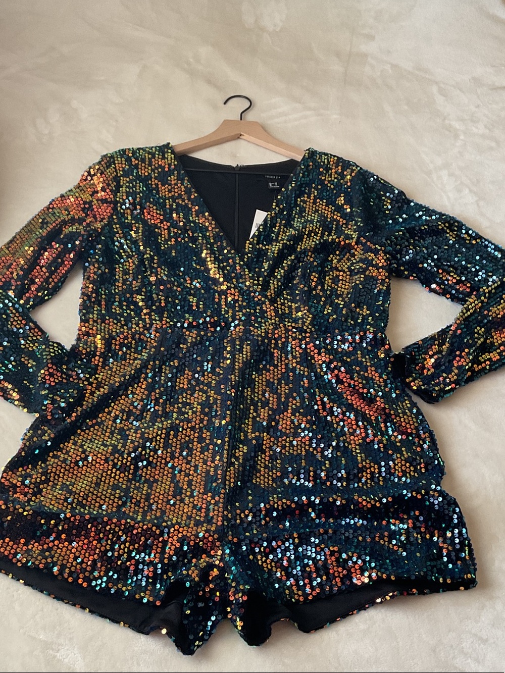 Forever 21 Black Multicolor Sequin Long Sleeve Romper
